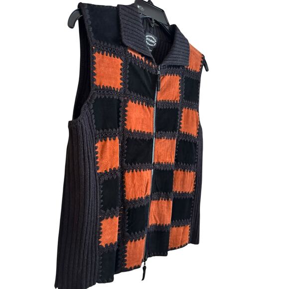 Vintage Designers Originals Women’s Patchwork Sweater Vest Zip Up Leather PL - Picture 2 of 6